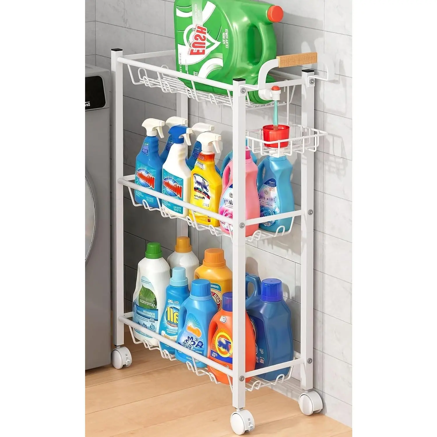 3-Tier Narrow Rolling Laundry Room Storage Cart with Top Detergent Holder, Metal Organizer on Wheels for Between Washer and Dryer, WhiteGift