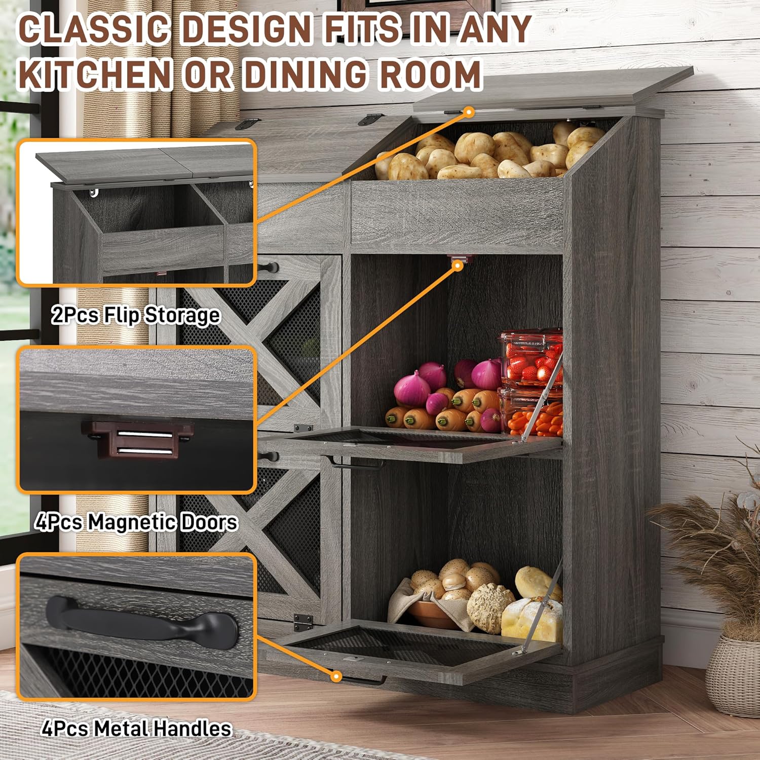 Large Wood Veggie Bin for Potato,Bread,Onion With 6 Large Storage Space. Root Vegetable Storage Box For Kitchen, Farmhouse Wood Potato Box With 4 Mesh Doors,32 * 12.4 * 36 INCH