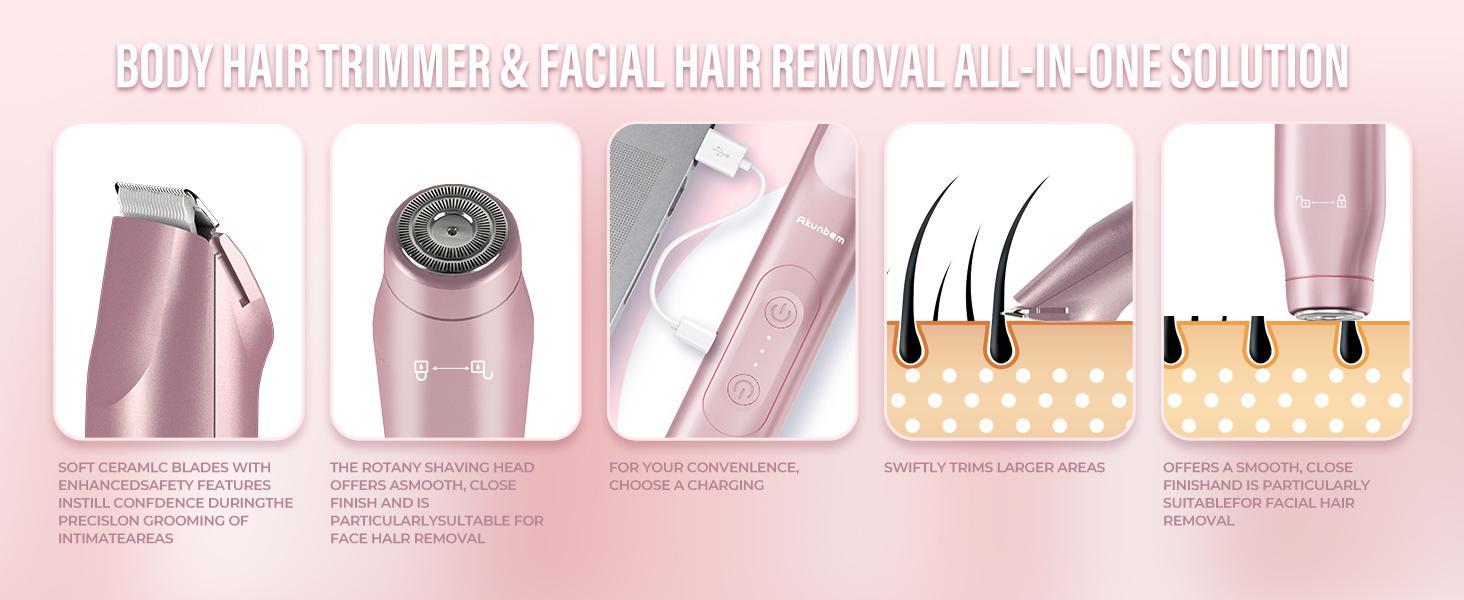 Akunbem Bikini Trimmer for Women, Electric Shaver and Razor Rechargeable 2-in-1 Body and Facial Epilator, Dual Heads for Painless Trimming of Pubic Hair, Face, Underarms and Legs, IP7 Waterproof. Christmas Gift New Year Gift Shaving Grooming.