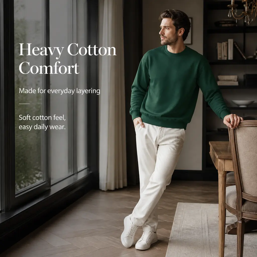 Men's Forest Green Heavyweight Cotton Crew Neck Sweatshirt - Relaxed Fit Long Sleeve Pullover, Minimalist Casual Everyday Loungewear with Plain Aesthetic