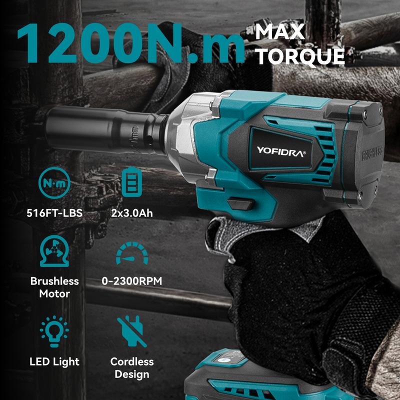 Yofidra 1200N.M Torque Brushless Electric Impact Wrench 1/2 Inch Cordless Screwdriver for Makita 18V Battery Hardware with Heavy Duty Handle Portable Power Tools