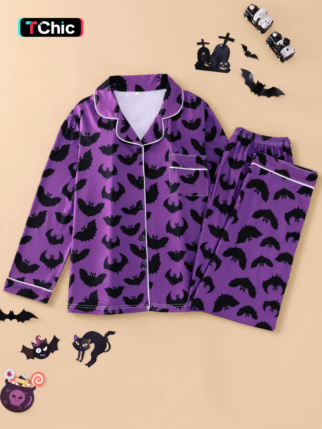 2-piece Halloween Pumpkin Head Spider Web Cross Long Sleeve Pants Knitted Soft and Comfortable Top Small Pocket Button Closed Elastic Waist Suitable for All Seasons Leisure Home Pajama Set Loungewear Sleepwear Regular Wear