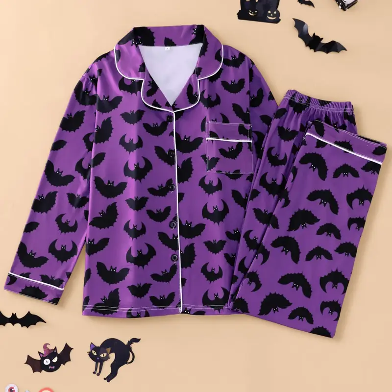 2-piece Halloween Pumpkin Head Spider Web Cross Long Sleeve Pants Soft and Comfortable Top Small Pocket Button Closed Elastic Waist Suitable for All Seasons Leisure Home Pajama Set Pjs Loungewear Sleepwear Regular Wear