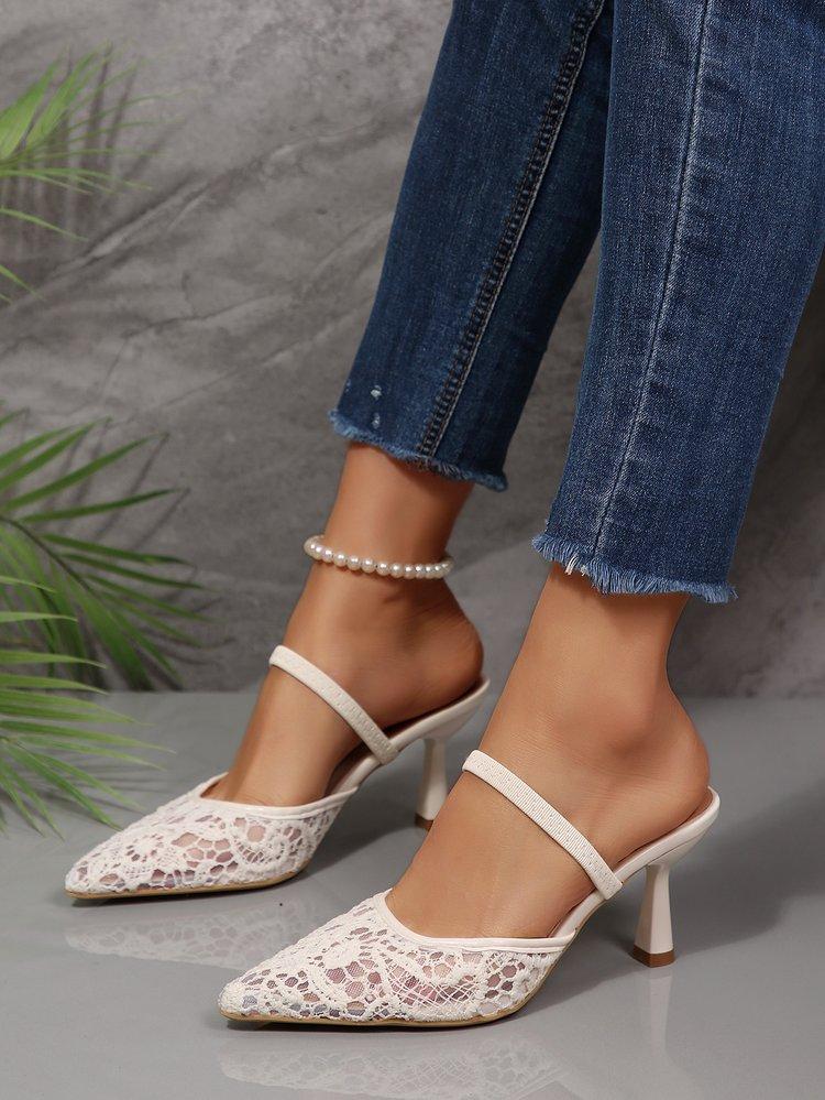 Women's Summer French Lace Pointed Toe Sandals Block Heel Ankle Strap Slingbacks Sexy Outdoor Slides