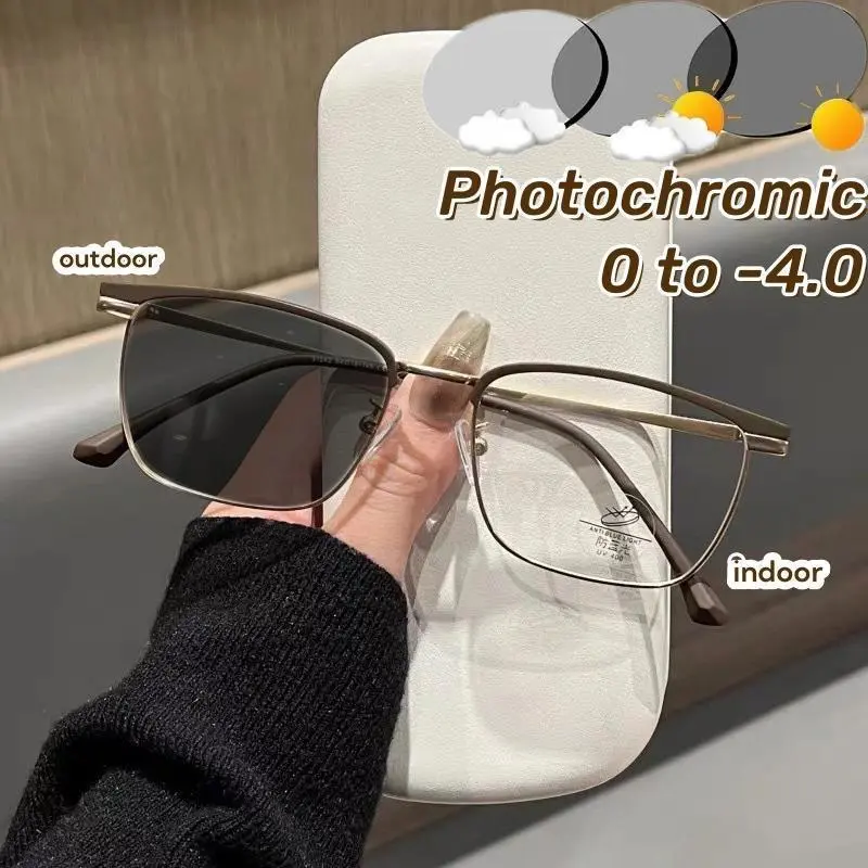Luxury Photochromic Myopia Glasses Anti Blue Light Short-sighted Sunglasses Unisex Metal Frame Minus Diopters Sunglasses To -4.0