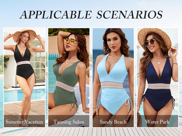 Blooming Jelly Women Tummy Control Swimsuits One Piece Slimming Modest Bathing Suit Color Block Drawstring Swim Suits