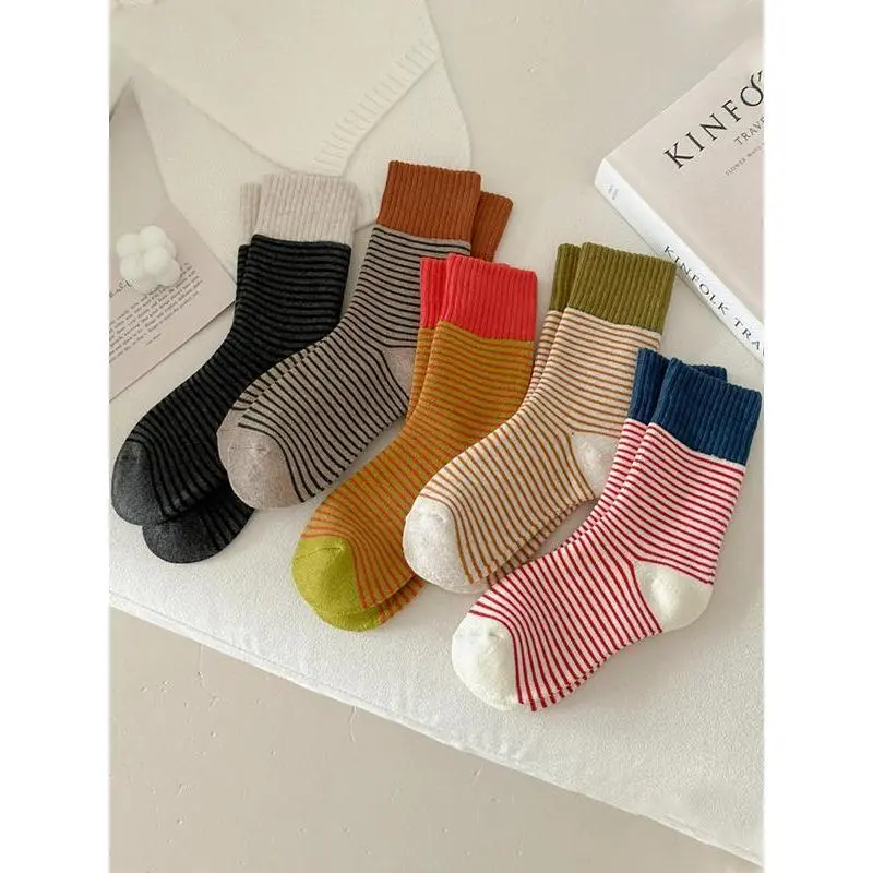 5pcs Women's Striped Print Mid-calf Socks, Casual Comfy Breathable Socks for Daily Wear, Women's Socks for All Seasons, Casual Stylish Socks