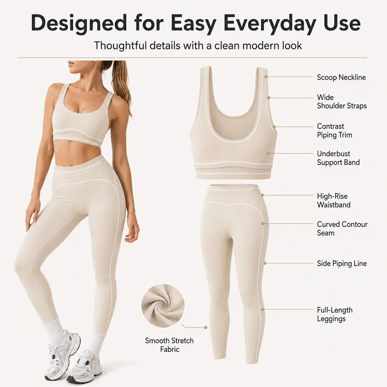 Modern Clean Line Detail Women’s Gym Matching Set, All‑Day Comfort Stretch Fabric Contour Seam Leggings Shock Resistant Sports Bra Suitable for Yoga, Training, Running and Street Casual Outfit
