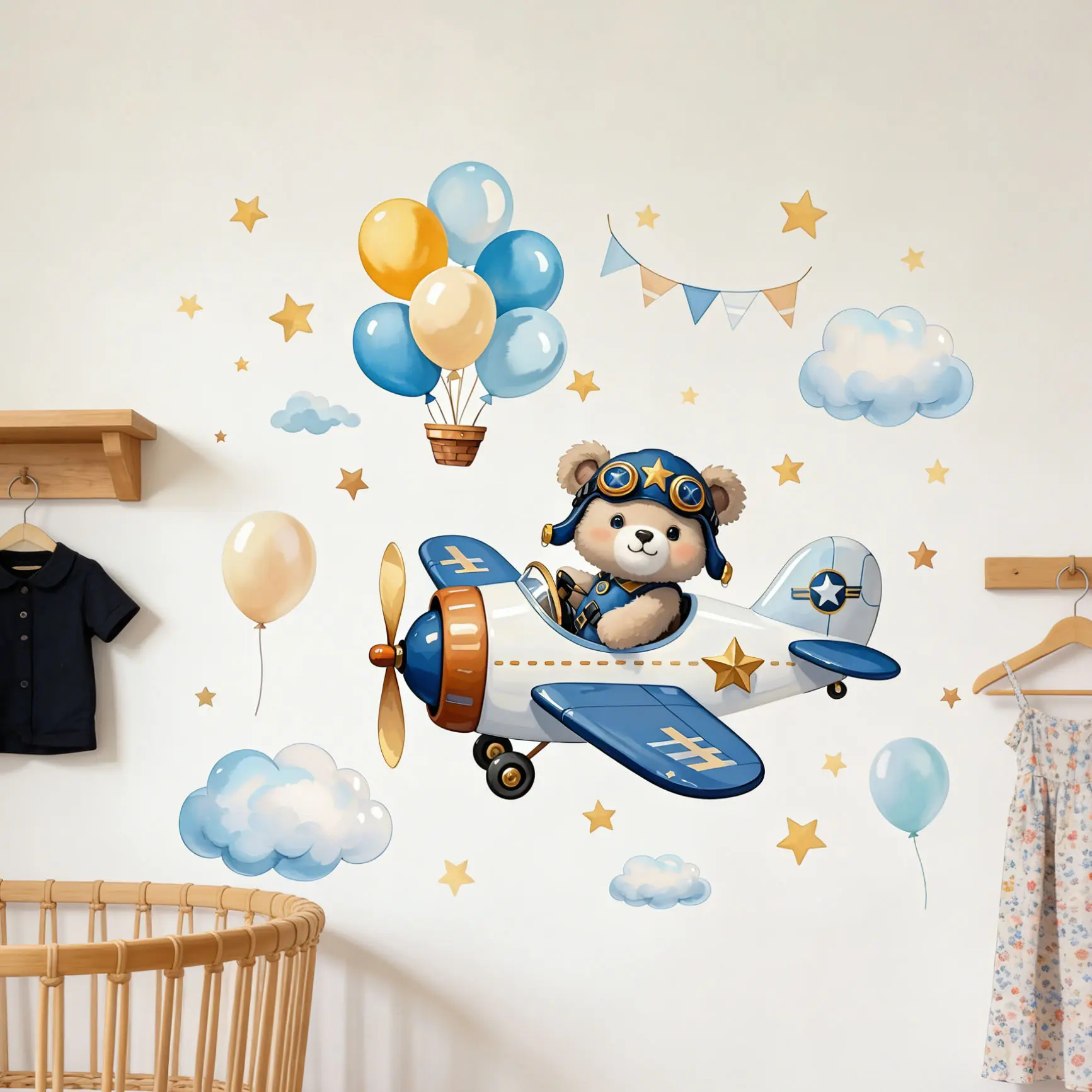 Fluffy Light Blue Aviator Bear Airplane Balloon Wall Stickers, Cloud Star Decals for Boys' Nursery Home Decor