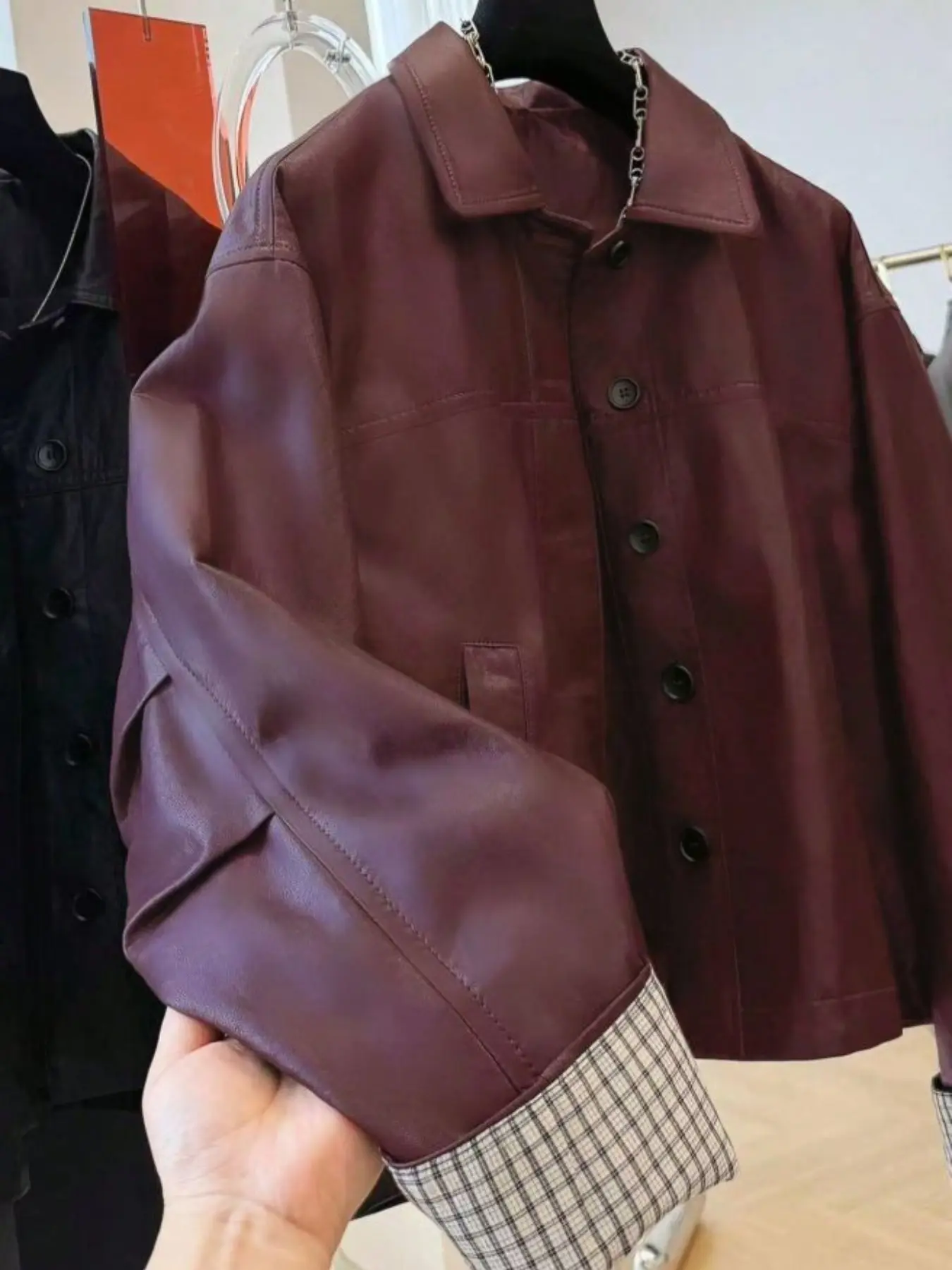Short Plain Lapel Leather Jacket Women, Oversize Loose Fit, Buttons, Plaid Lining, Side Pockets, Fall Winter Fashion,OOTD,Burgundy leather jacket ,Red leather jacket,Marsala,Oversized bomber leather jacket,Cropped leather jacket / Short leather jacket