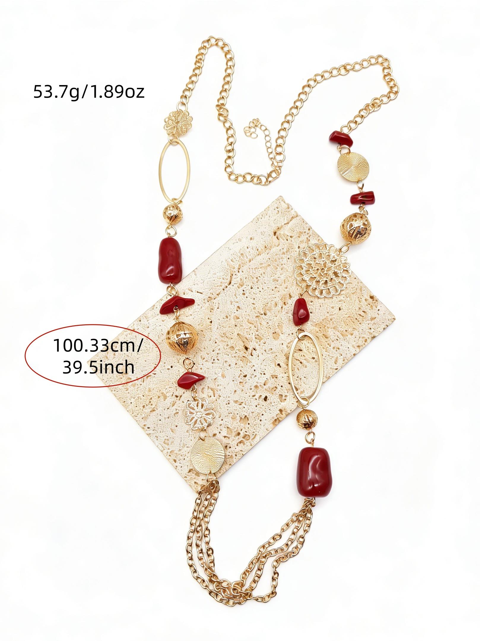 Vintage Style Bohemian Sweater Chain Necklace, Creative Floral Metal Link, Multicolor Resin Beads, Long Durable Design