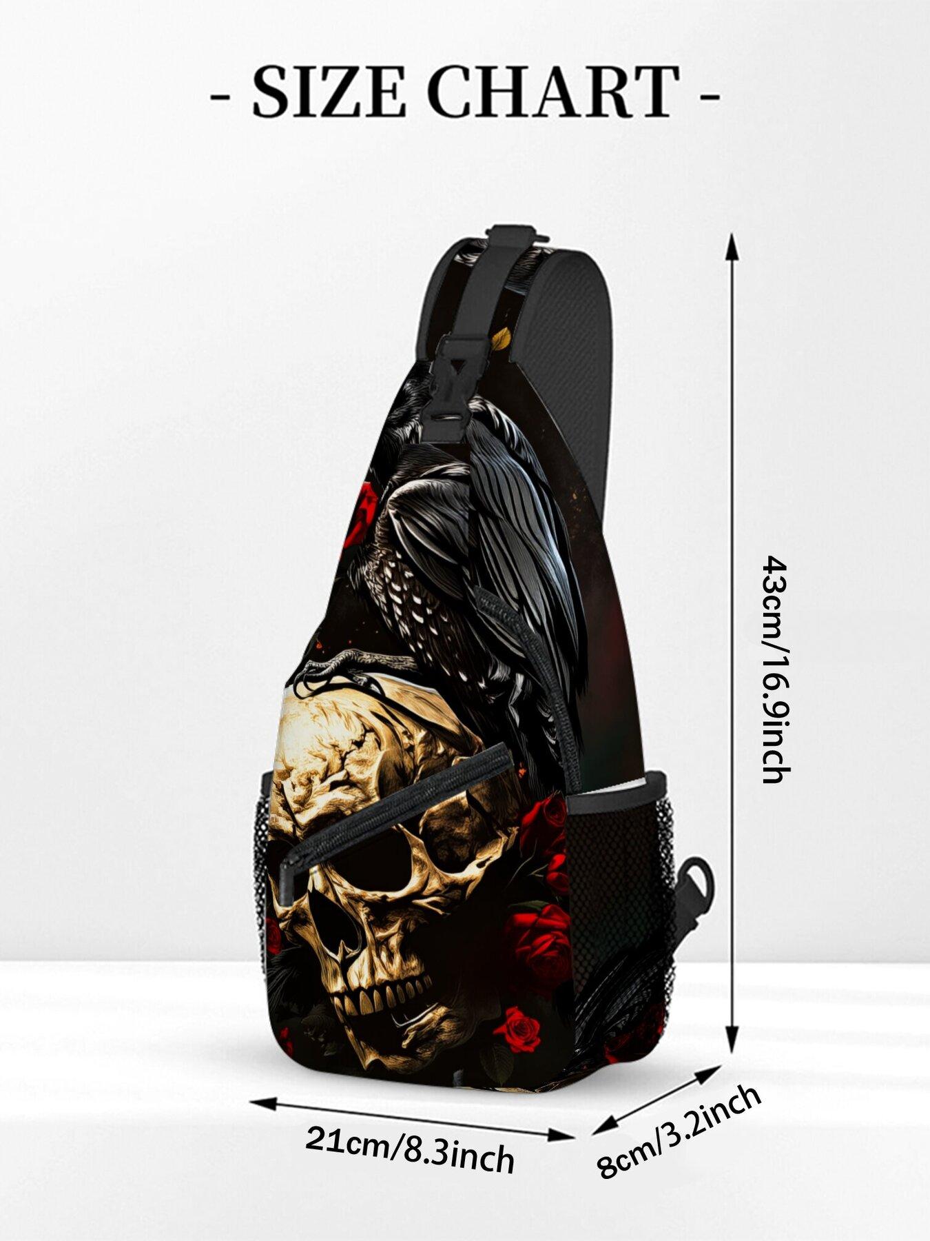 Crow Skull Red Rose Pattern Full-Panel Print Chest Bag Zipper Fanny Pack