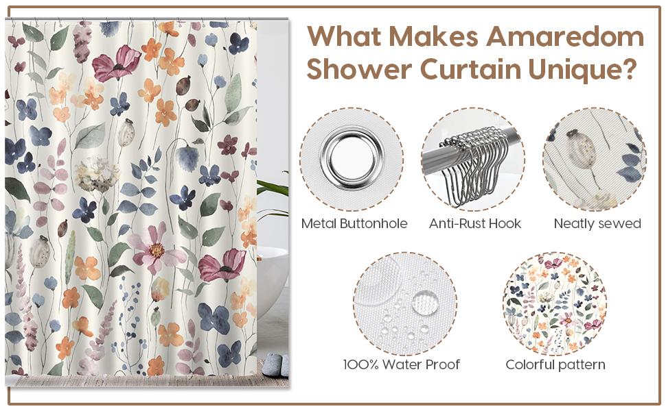 Floral Shower Curtain, Colorful Flower Shower Curtain for Bathroom, Waterproof Fabric Shower Curtain Set, Bathroom Decoration with 12 Hooks 72x72 Inches