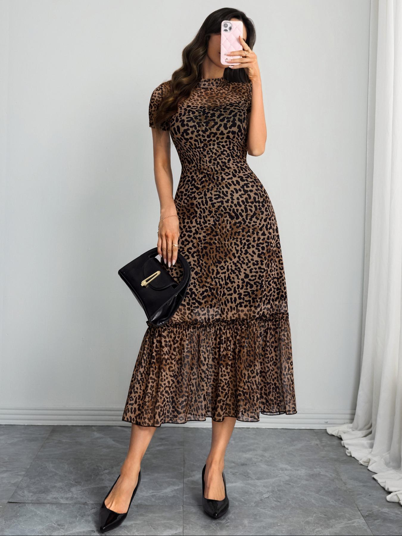 Women's Sexy Leopard Print Elegant Round Neck Mesh Skirt Dress, Stylish Casual Fashion, Perfect for Parties and Daily Wear