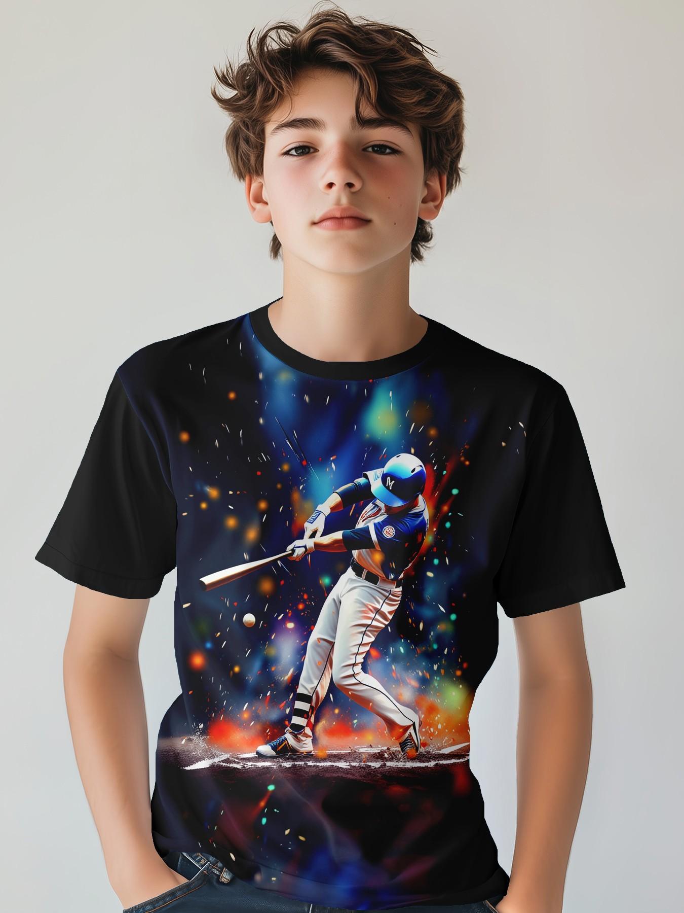 Boy Baseball Player Pattern T-Shirt, Kids Epic Game Day Print, Cool Sports Style Casual Summer Short Sleeve Top, Teenager Wear