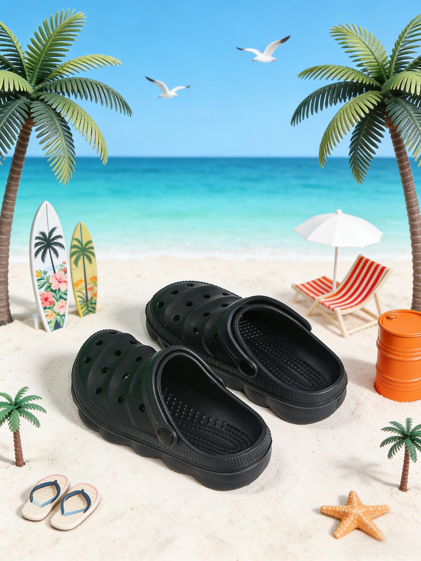 Summer New Pure Color Holey Shoes, Cute Thick Sole Anti-Slip Comfortable Breathable Closed-Toe Kids Sandals, Beach Resort Indoor Outdoor Slippers, Eva Slippers, Casual Beach Slippers