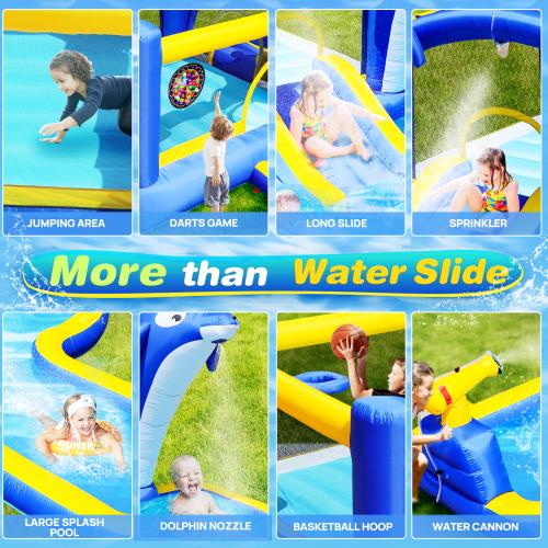 8-in-1 Inflatable Water Park with Slide, Trampoline, Dolphin Sprinkler & Target games & Water gun & Basketball