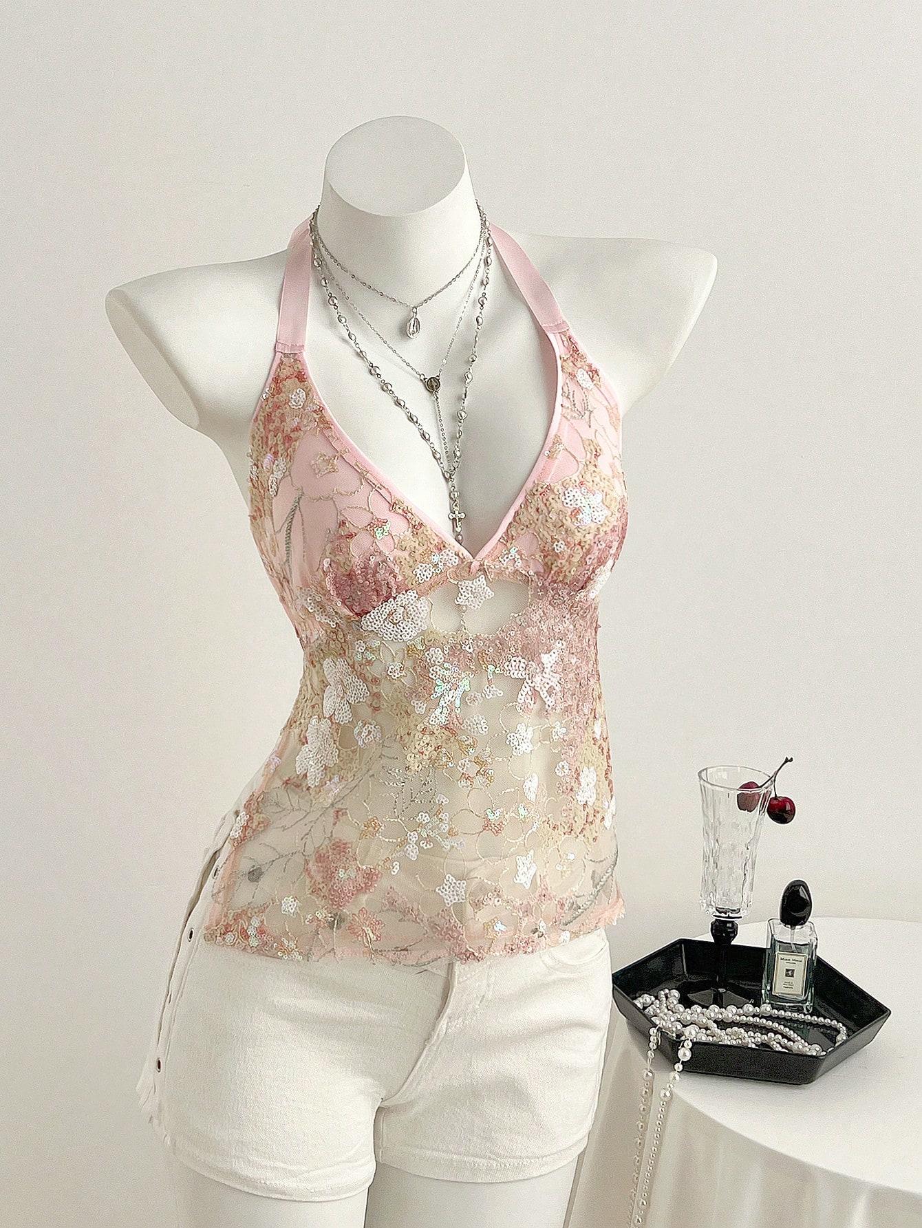 Women's Summer Lace Sequins Patchwork V-Neck Backless Halter Tie Hollow Out Slim Fit Top, Cute Sweet Style Sleeveless Tank Vest