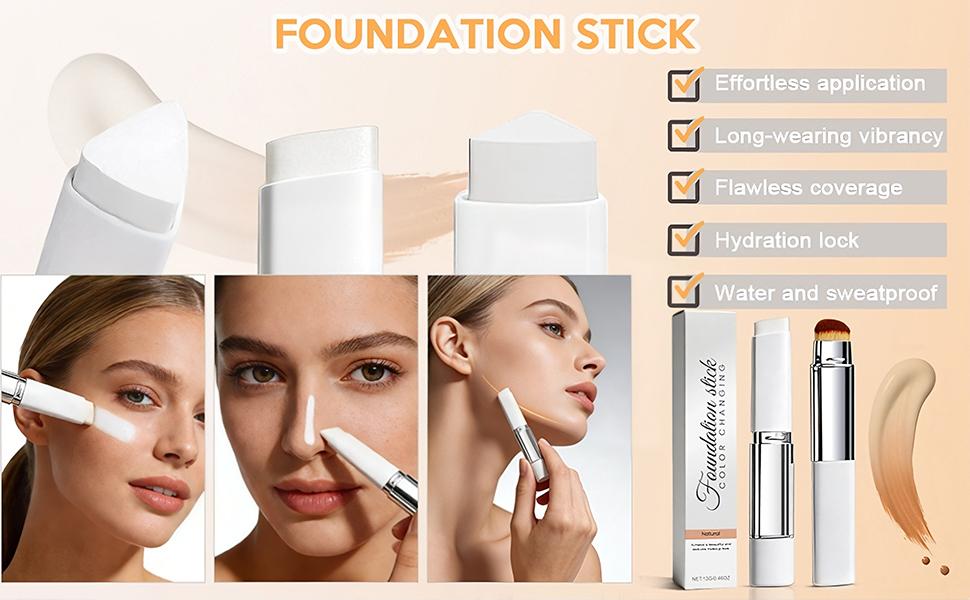 2-in-1 Concealer & Foundation Stick Cosmetic, Moisturizing High-Coverage Base Makeup with Dual-Ended Design and Built-In Foundation Brush, Compact Portable for Daily Use, Work or Travel