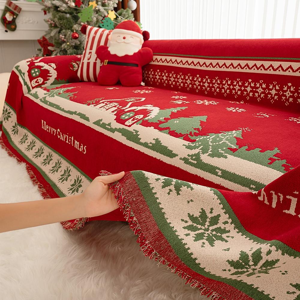 Christmas Sofa Throw Blanket with Tassels, Pet Protection, Fits 1-4 Seater Sofas, Home Decor Christmas Gift, Winter All-Purpose Cover