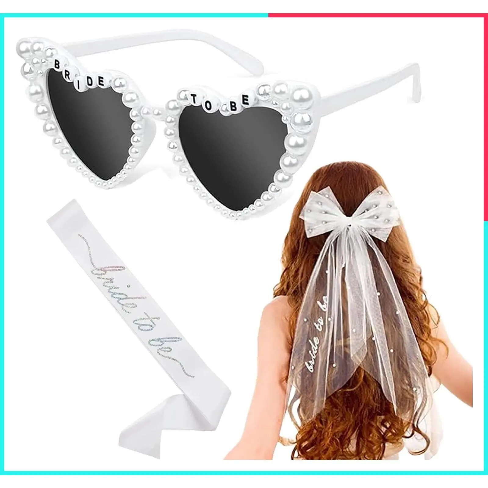 Bachelorette Party Accessories for Bride – 3-Piece Set with Heart Sunglasses, Sash & Pearl Bow Veil – Fun & Cute Bridal Shower Accessories, Engagement Favors & Wedding Gifts for Women