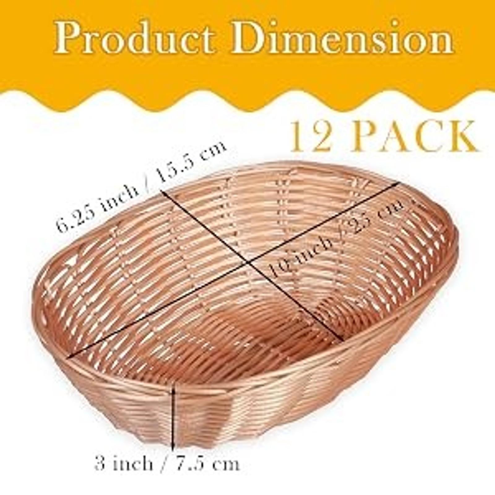 12 Pack Plastic Oval Basket, Empty Bread Basket 10 x 6.25 x 3 Inch Food Storage Basket Bulk, Plastic Wicker Baskets Bin for Kitchen Serving, Centerpiece Display, Gifts, Brown