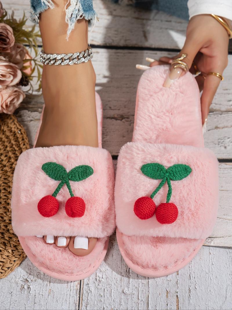Women's Plush Anti-Slip Home Slippers, Bowknot Cherry Decorations, Textile Upper, All Seasons Comfortable Shoes, Christmas Gifts For GF, Bowknot Design Slippers