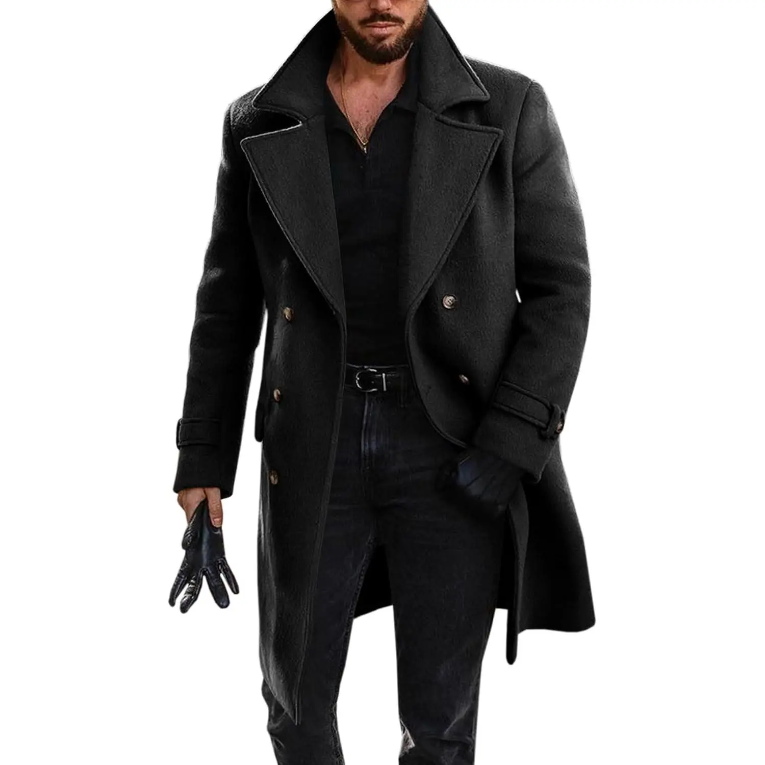 Mens Double Breasted Trench Coat | Mid Long Jacket, Notched Lapel, Winter, Chunky Warm, Overcoat