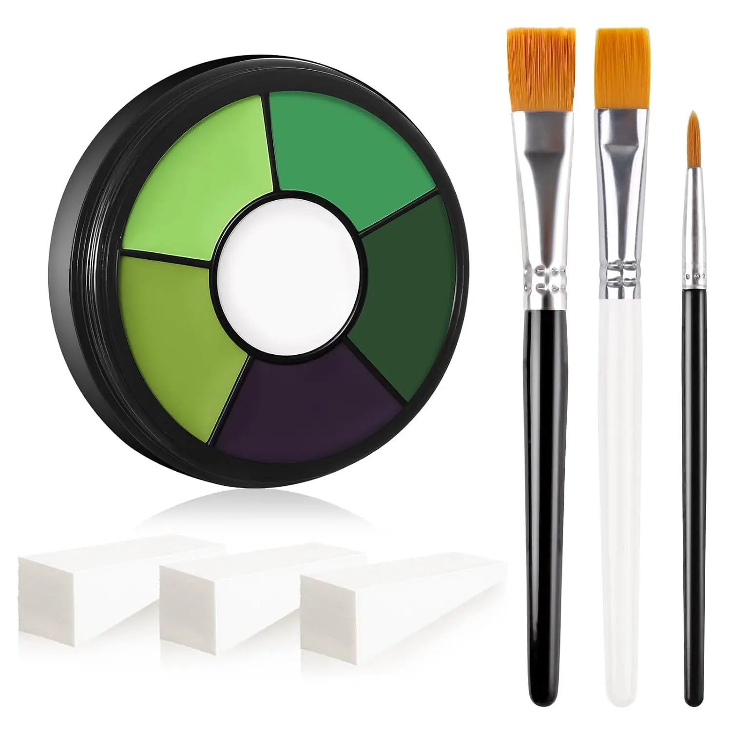 Green Cream Face & Body Paint Palette Kit with 3 Brushes 3 Sponges, Highly Pigmented Easy to Blend Long Lasting Halloween Makeup for Witch, Beetle-Juice, Frankenstein, Goblin, Hunting Camo