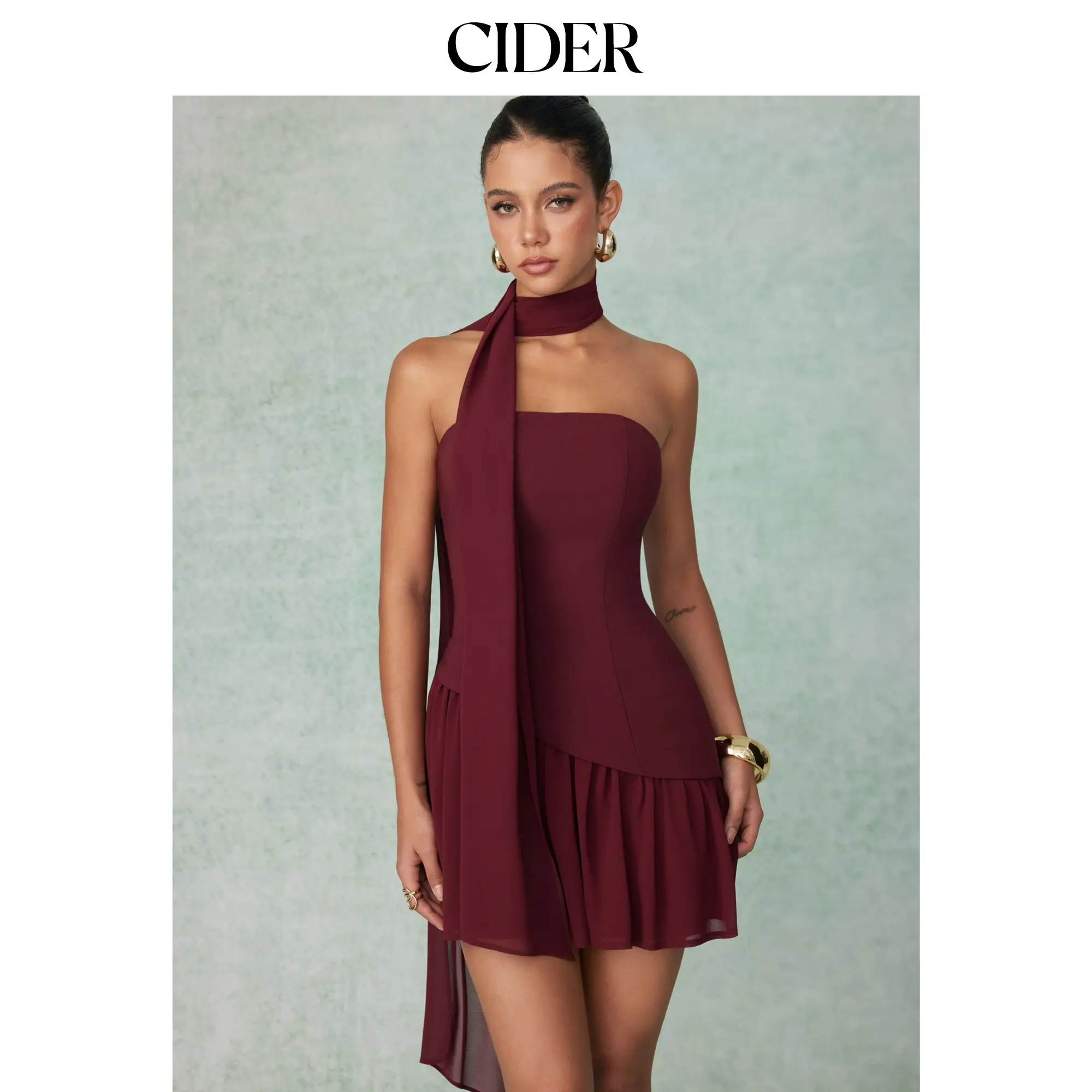 Cider Chiffon Bandeau Draped Lace Up A-Line Mini Dress With Scarf