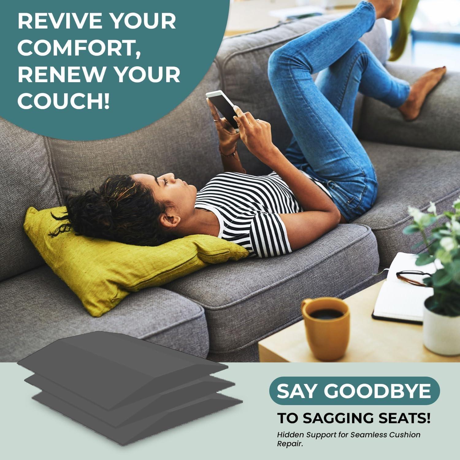 Trapezoidal Sofa Seat Cushion Support Device, High Density Foam Filled Pad, Solves Sunken Seat Problem, Improves Comfort Furniture Padding