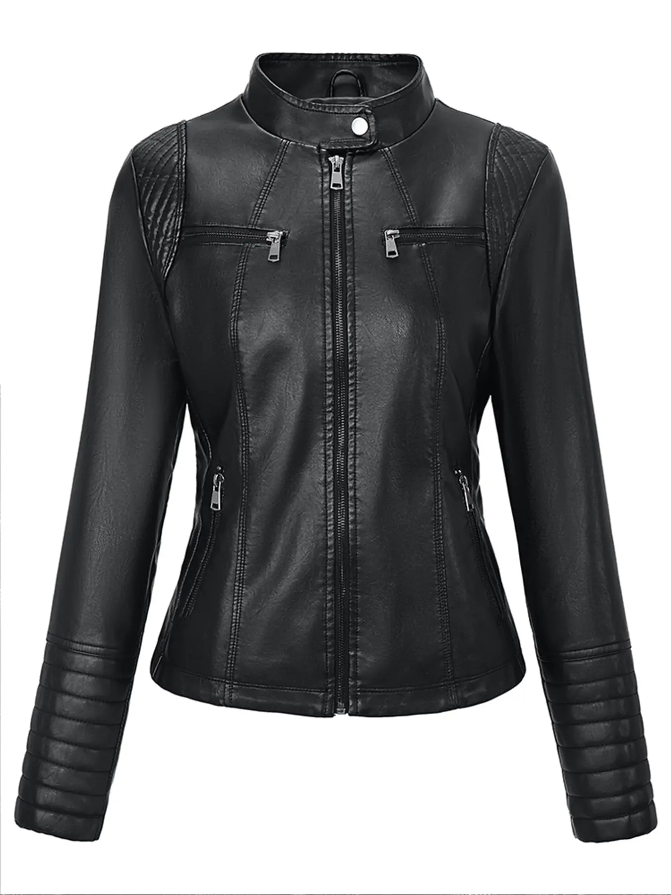 Women's Stand Collar Motorcycle Jacket, Multi-Zip Pockets Fitted Short Leather Coat, Spring Fall Outdoor Cycling Commute Outerwear