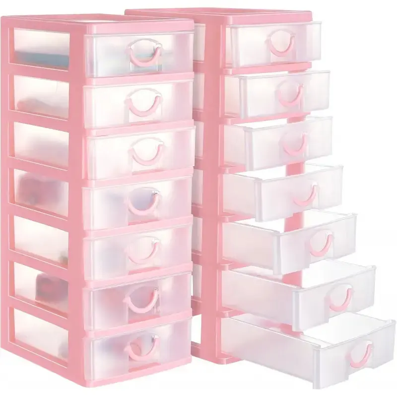 2 Pcs Plastic Drawers Organizer Mini Organizer Stackable Plastic Clear Drawer Storage Box Containers Storage Units for Desktop Classroom Craft 6.7 x 4.9 x 13.4 inches(Pink)