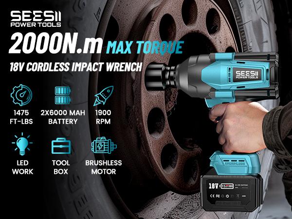 SEESII 3/4" Cordless Impact Wrench Set - 2000Nm (1475ft-lbs) High Torque Brushless Power Tool with 2x 6.0Ah Batteries, Fast Charger, and Accessories - Heavy Duty for Truck, Car, and Mower Repair, WH820 Black Friday Deals