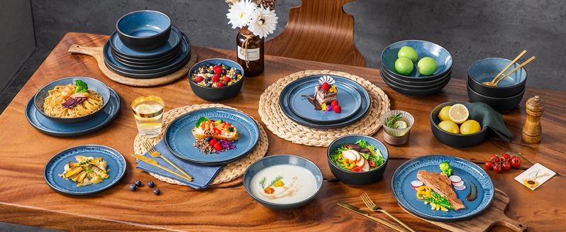 vancasso PLA Plates and Bowls Sets, 16/18/24 Pieces Stoneware Dinnerware Sets Dishes Set Modern kitchen Dishware Sets Service for 4-6 People, Dishwasher and Microwave Safe, Blue, Black, Green Set