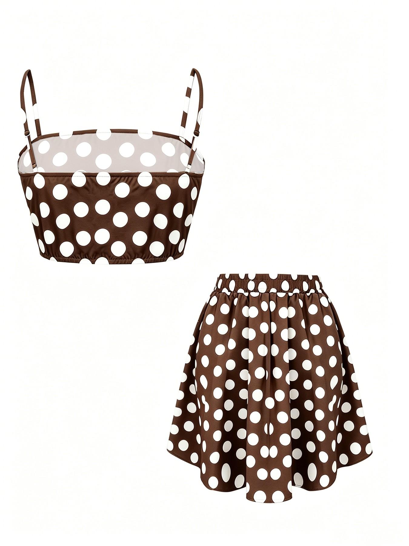Women's Elegant Chic Casual Polka Dot Sleeveless Spaghetti Strap Halter Top Short Skirt Two-Piece Set, Perfect Choice for Summer Vacation, Stylish and Comfortable