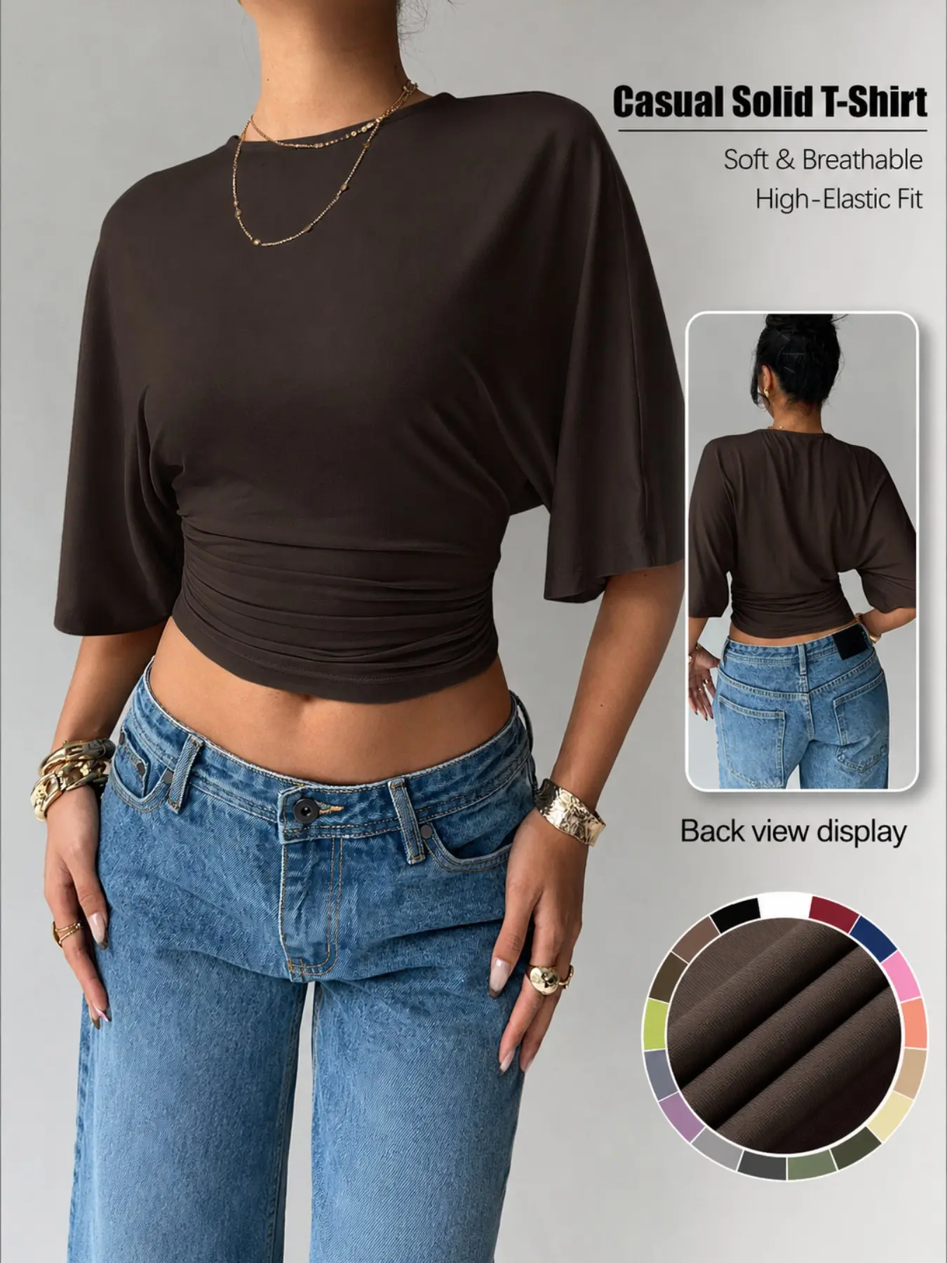 Women's Navy Ruched Crop Top, Round Neck Batwing Short Sleeve, Slim Fit Casual Summer Tee, Y2K Style, All Seasons, Casual Tee Tops, Summer Cropped Tops