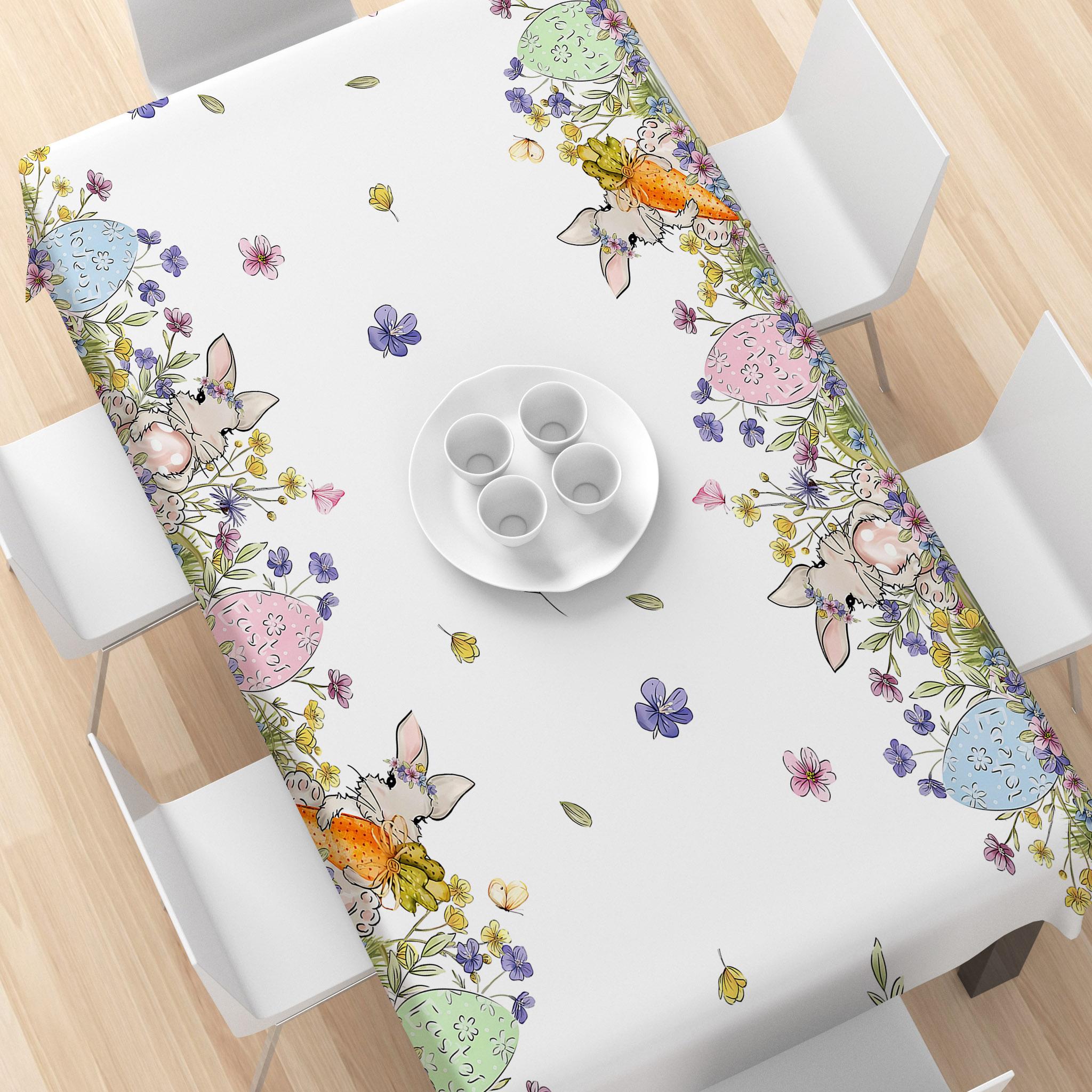 Rectangular Easter Tablecloth, Cartoon Rabbit & Egg Design, Spring/summer Floral Pattern, Perfect for Holiday/easter Decorations