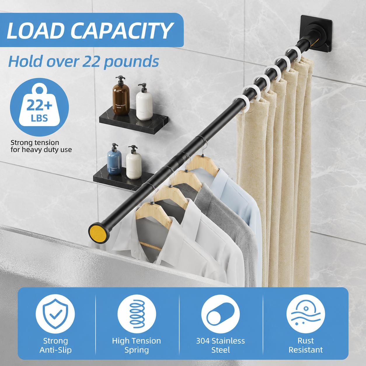 Matte Black 32-92 Inch Adjustable Shower Curtain Rod, 1-Inch Stainless Steel Spring Tension Rod with Holders, No-Drill Non-Slip Rust-Resistant Curtain Rod for Bathroom, Closet, Window & Room Divider