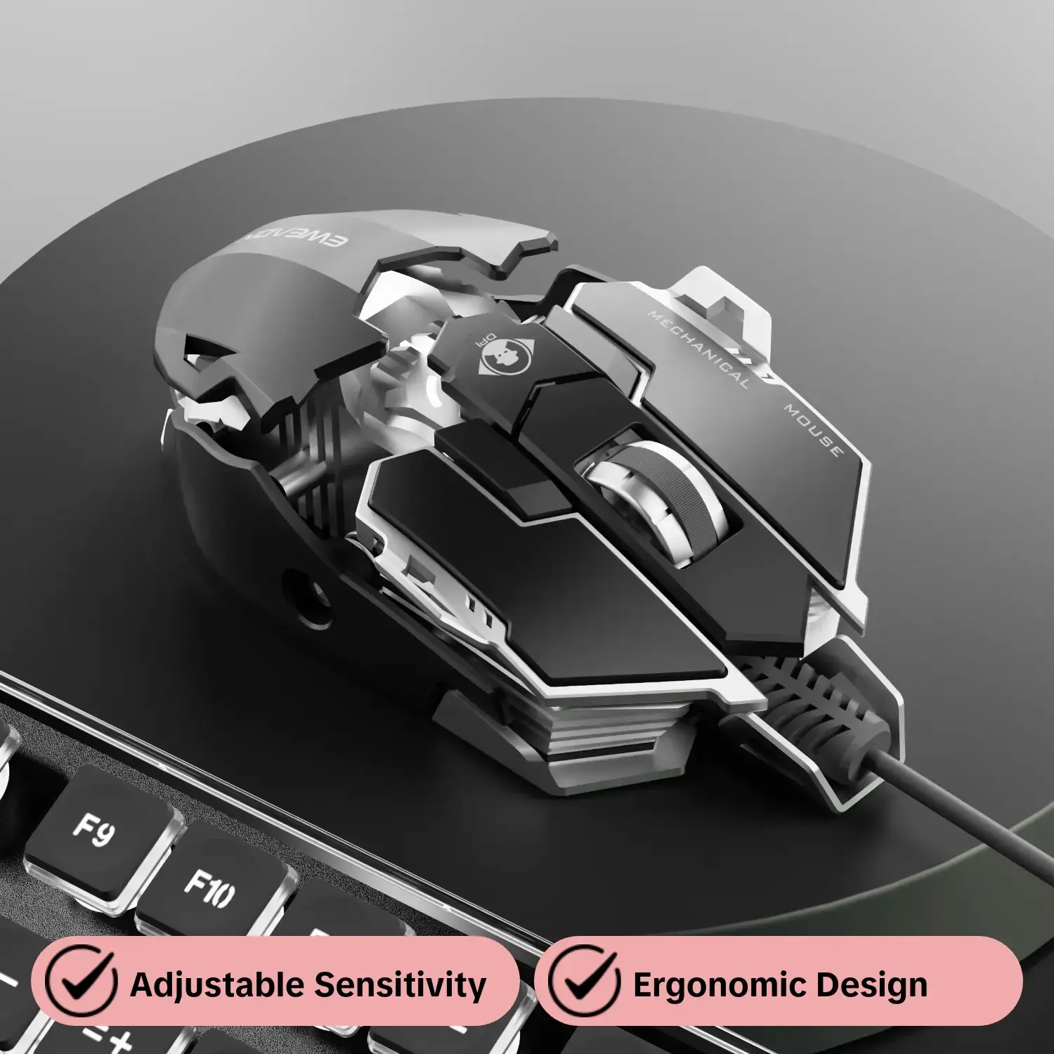 EWEADN Wired Gaming Mouse, metallic Mechanical Design Mouse with Aluminum Base, Adjustable Sensitivity Mouse for Office & Gaming Use