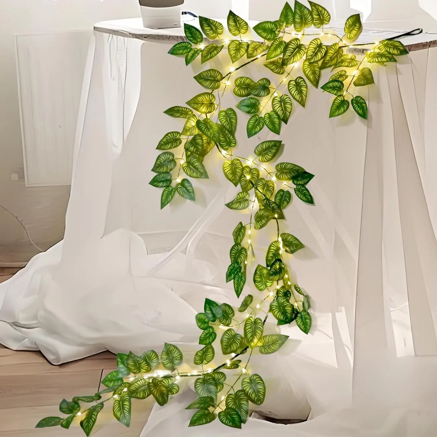 6.56FT Green Vines Garland with Lights 96 LED  Operated with Timer Faux Photos Vines Twig with Lights Spring Garlands Decortions for Mantel Fireplace Table Wall Patio Wedding Holiday  Decor