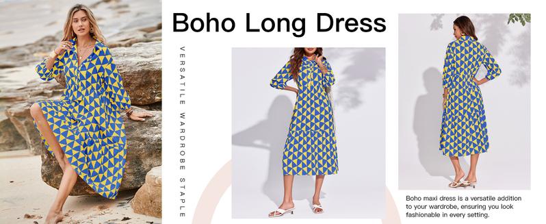 Wenrine Womens Boho Midi Dress Long Sleeve Casual Color Block Beach Button Down Shirt Dress