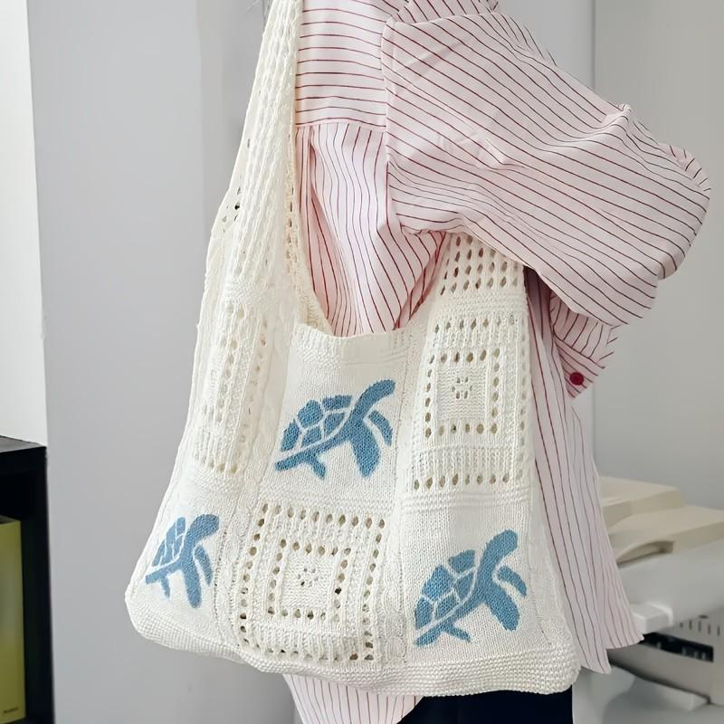 Boho Turtle Pattern Beach Woven Bag, Large Capacity Storage for Sunscreen, Sunglasses, Small Towels, Perfect for Sea Trips