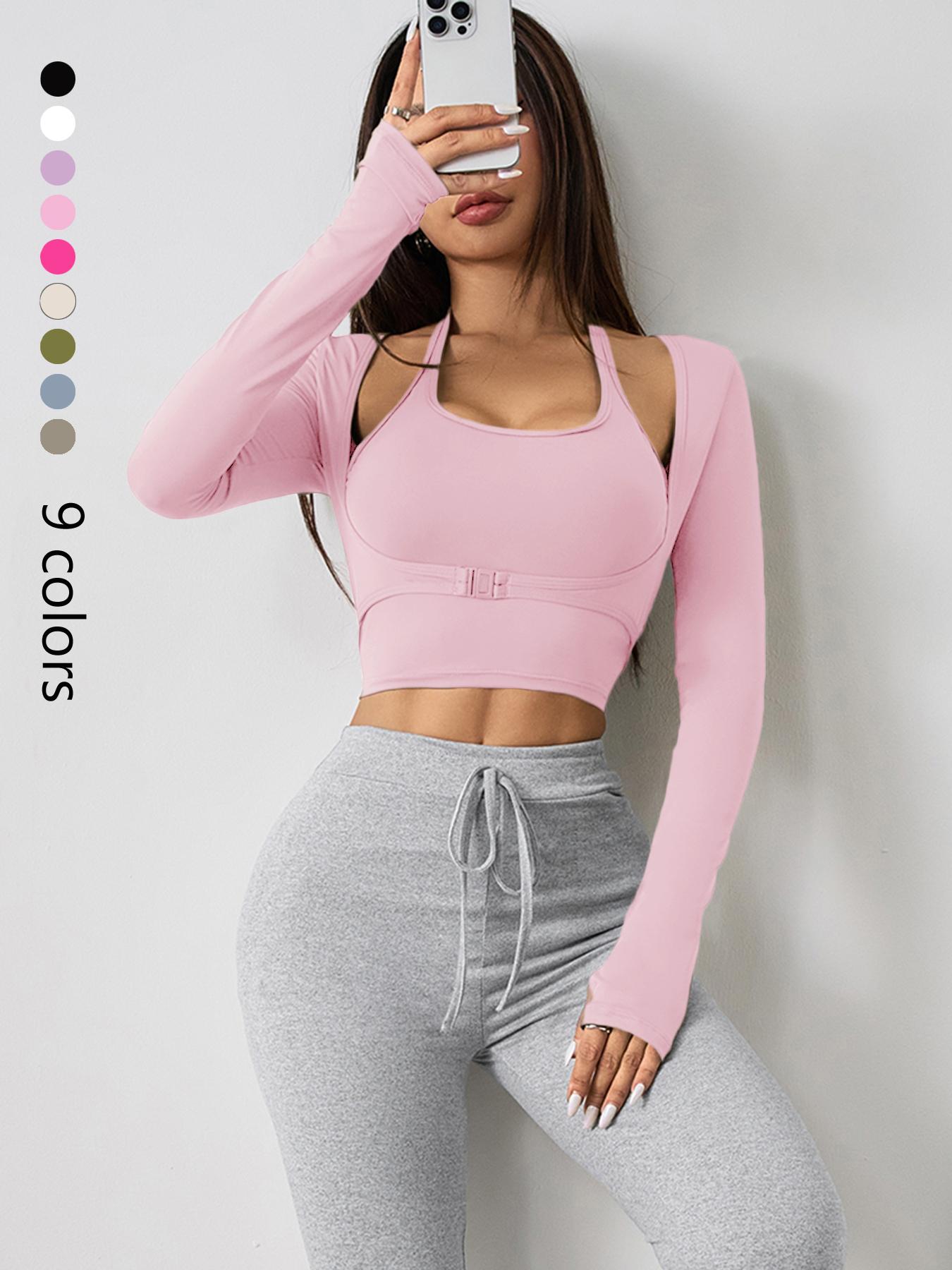 Women's Solid Color Long Sleeve Thumb Hole Design Halter Neck 2 in 1 Sports Tee Gym Yoga Tops for Yoga Gym Workout, Ladies Sportswear for All Seasons
