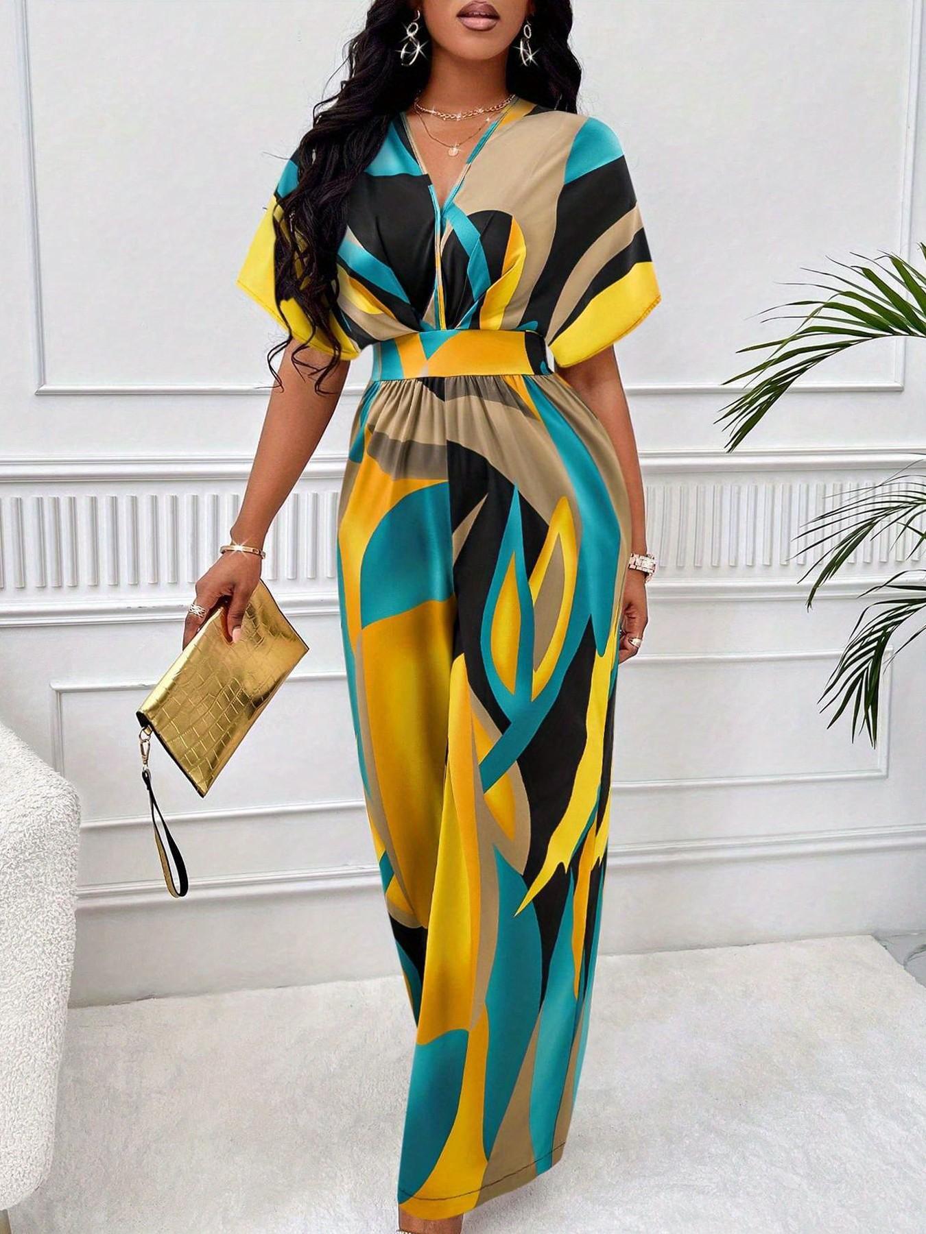 Women's Batwing Sleeve Waist Cinched Jumpsuit V Neck Colorblock Print Wide Leg Non-Elastic Casual Vacation Wear, Summer Fashion Smooth Fabric