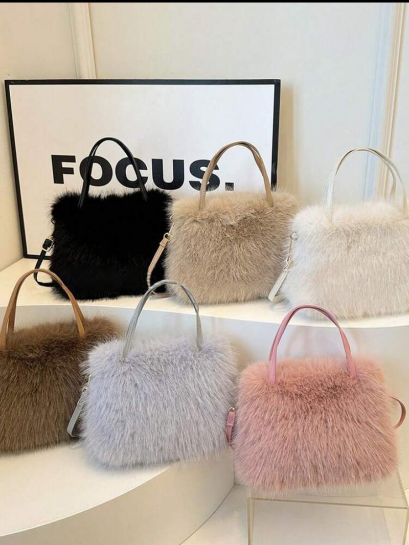 Fashionable Imitation Fur Small Casual Trendy Handbag with Grip Handle and Shoulder Strap, Stylish Design, Multiple Color Options, Perfect Daily Accessory