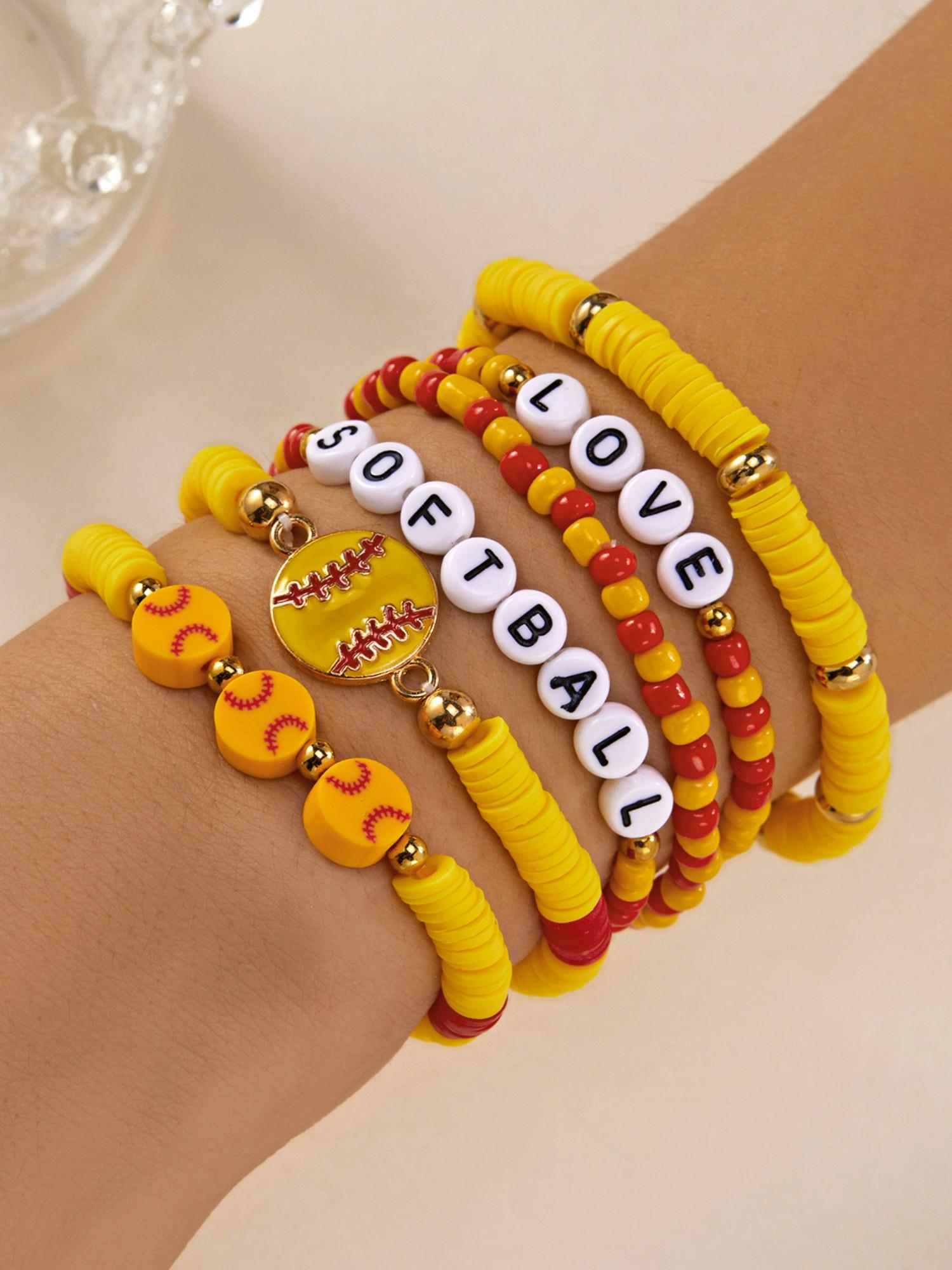 Basketball Rugby Beaded Bracelet Set, Fashion Sports Style Elastic Soft Clay Bracelets, Trendy Athletic Jewelry for Men and Women