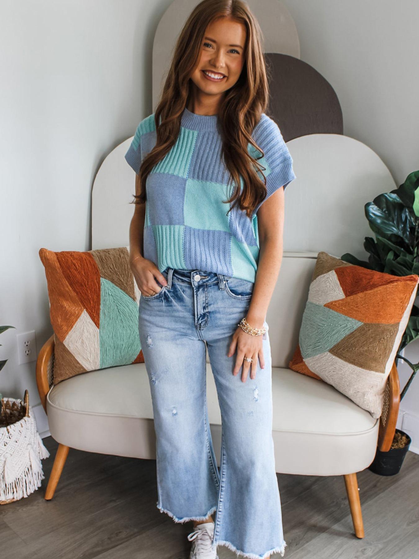 Women's Plaid Pattern Round Neck Sweater, Casual Slim-fitting Jumper for Daily Wear, Ladies Knitwear for All Seasons, Cozy Breathable Outfits