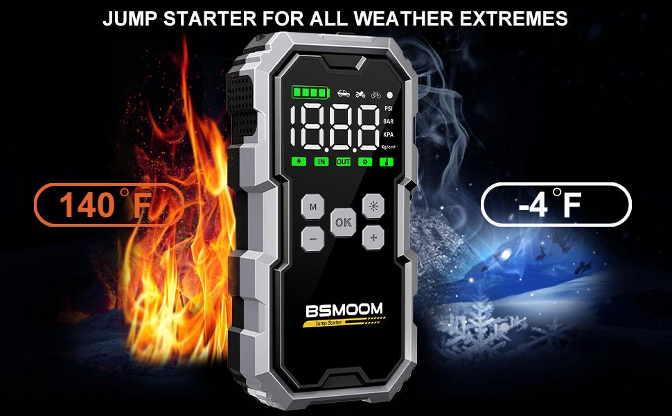 16800mAh BSMOOM [5-in-1] Portable Car Jump Starter with Air Compressor(All Gas/10.0L Diesel),With Tireinflator, 12V AutoBoost BatteryCharger Jumper Box, Rapid Charger with LEDScreen Vehicle Automotive
