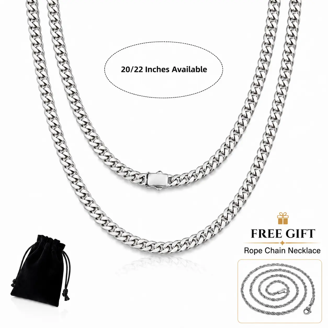 Classic Silver 6mm cuban necklace with Bonus Rope Chain,  Everyday Wear, Unisex Fit with Secure Box Clasp for Adults, Daily, Enhanced Clasp, Upgraded Box Clasp